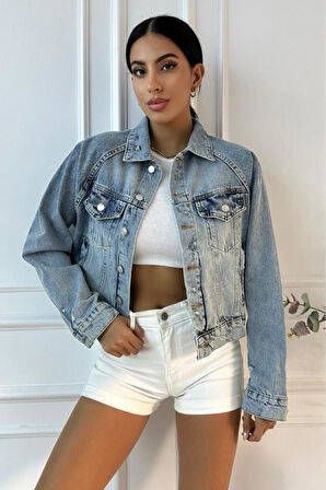 Kadın Yıpratmalı Vintage Mavi Denim Ceket