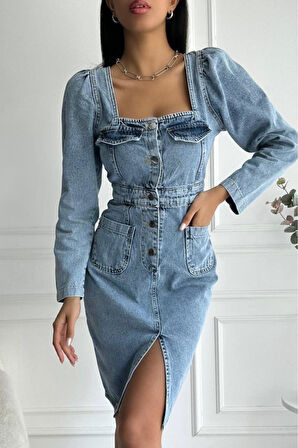 Kadın Yırtmaç Detaylı Uzun Kollu Denim Midi Mavi Elbise