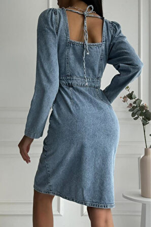 Kadın Yırtmaç Detaylı Uzun Kollu Denim Midi Mavi Elbise