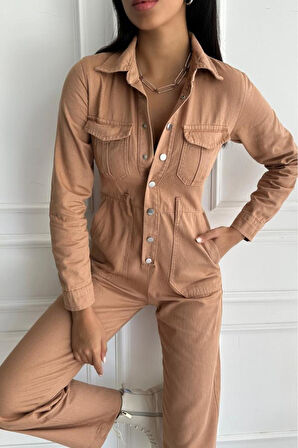 Kadın Çıt Çıt Düğmeli Uzun Kollu Denim Kiremit Tulum