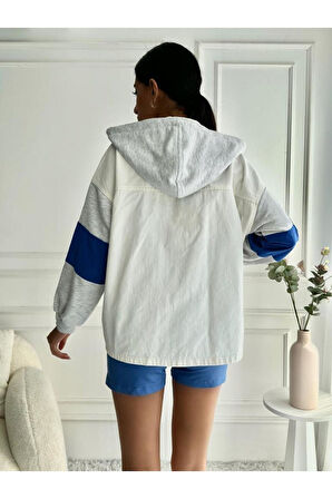 Kadın Oversize Çıkarılabilir Kapüşonlu Denim Bej Ceket