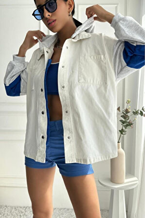 Kadın Oversize Çıkarılabilir Kapüşonlu Denim Bej Ceket