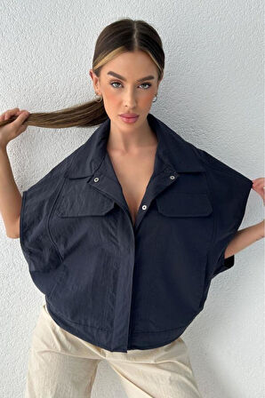 Kadın Oversize Bel Ayarlamalı Çıtçıt Düğmeli Paraşüt Lacivert Yelek