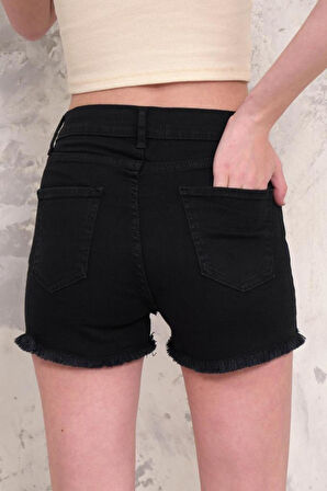 Kadın Likralı Etek Ucu Püsküllü Denim Mini Şort