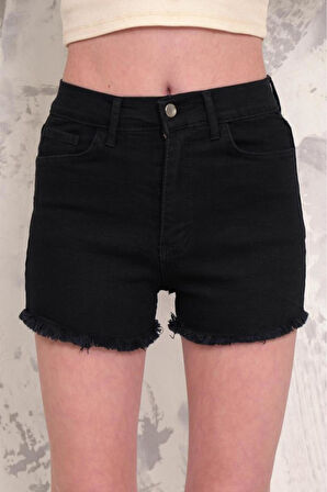 Kadın Likralı Etek Ucu Püsküllü Denim Mini Şort