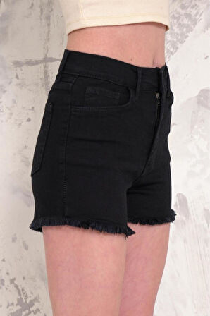 Kadın Likralı Etek Ucu Püsküllü Denim Mini Şort