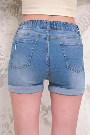 Kadın Likralı Duble Paça Yıpratmalı Denim Mini Şort