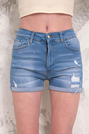 Kadın Likralı Duble Paça Yıpratmalı Denim Mini Şort