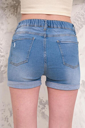 Kadın Likralı Duble Paça Yıpratmalı Denim Mini Şort