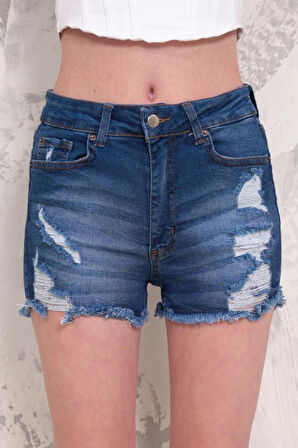 Kadın Likralı Etek Ucu Püsküllü Yıpratmalı Denim Mini Şort