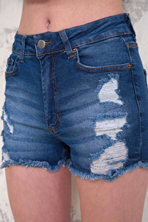 Kadın Likralı Etek Ucu Püsküllü Yıpratmalı Denim Mini Şort