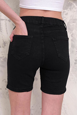 Kadın Likralı Düz Paça Denim Kısa Şort