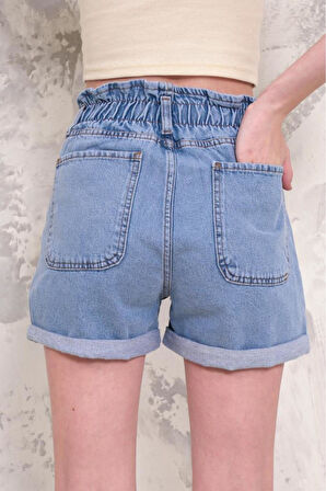 Kadın Fırfır Detaylı Beli Lastikli Duble Paça Denim Mini Şort