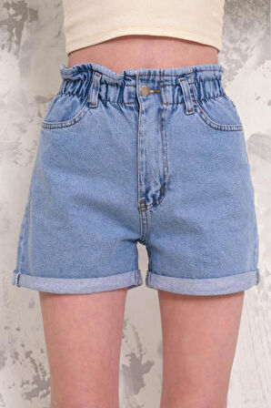 Kadın Fırfır Detaylı Beli Lastikli Duble Paça Denim Mini Şort