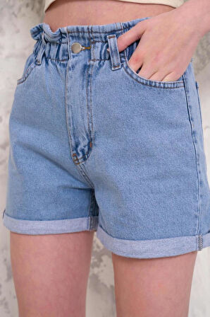 Kadın Fırfır Detaylı Beli Lastikli Duble Paça Denim Mini Şort