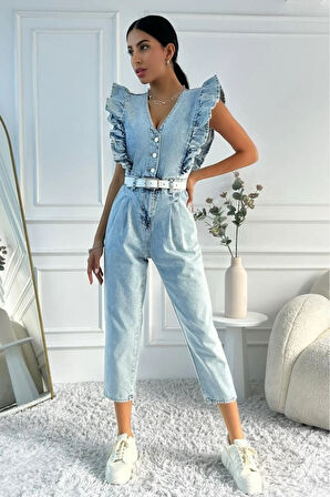 Kadın Fırfır Detaylı Kolsuz Mom Kalıp Denim Tulum