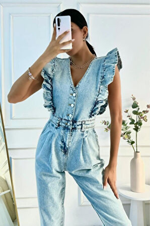 Kadın Fırfır Detaylı Kolsuz Mom Kalıp Denim Tulum