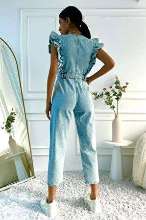 Kadın Fırfır Detaylı Kolsuz Mom Kalıp Denim Tulum