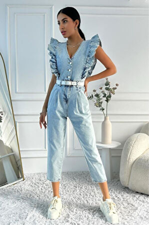 Kadın Fırfır Detaylı Kolsuz Mom Kalıp Denim Tulum