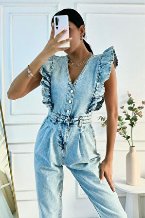 Kadın Fırfır Detaylı Kolsuz Mom Kalıp Denim Tulum