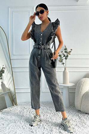 Kadın Fırfır Detaylı Kolsuz Mom Kalıp Denim Tulum