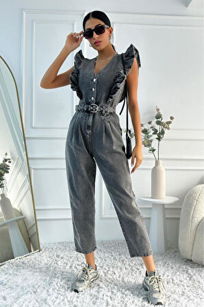 Kadın Fırfır Detaylı Kolsuz Mom Kalıp Denim Tulum