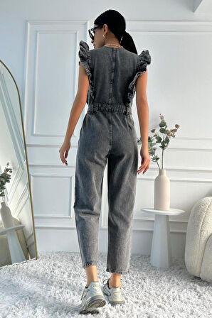 Kadın Fırfır Detaylı Kolsuz Mom Kalıp Denim Tulum