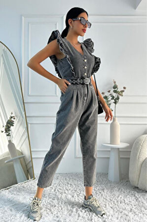 Kadın Fırfır Detaylı Kolsuz Mom Kalıp Denim Tulum