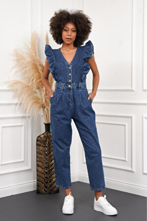 Kadın Fırfır Detaylı Kolsuz Mom Kalıp Denim Tulum