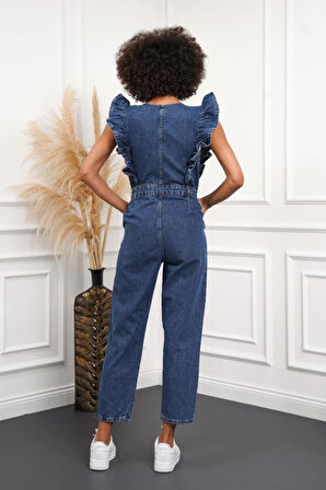 Kadın Fırfır Detaylı Kolsuz Mom Kalıp Denim Tulum