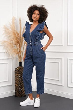 Kadın Fırfır Detaylı Kolsuz Mom Kalıp Denim Tulum