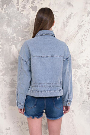 Kadın Oversize Bel Ayarlamalı Denim Ceket