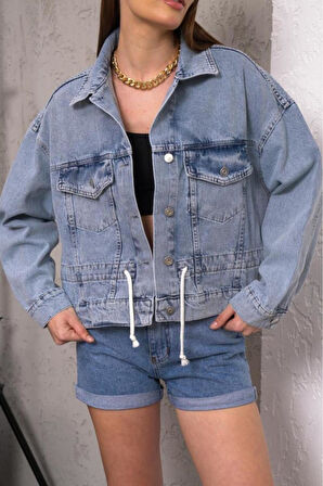 Kadın Oversize Bel Ayarlamalı Denim Ceket