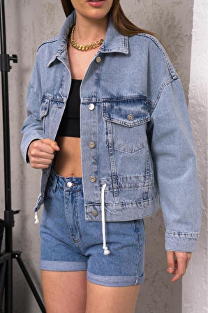 Kadın Oversize Bel Ayarlamalı Denim Ceket