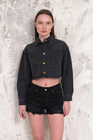Kadın Taşlı Crop Denim Ceket