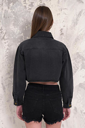 Kadın Taşlı Crop Denim Ceket