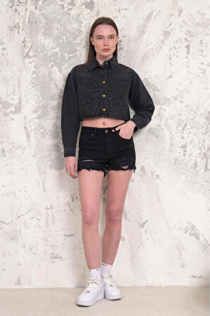 Kadın Taşlı Crop Denim Ceket