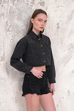 Kadın Taşlı Crop Denim Ceket