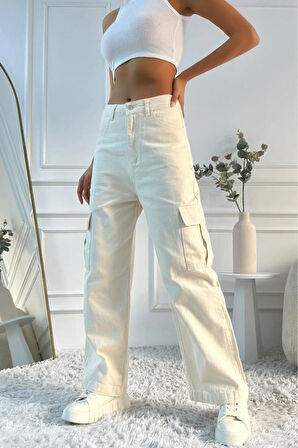 Kadın Yüksek Bel Wide Leg Bej Kargo Jean Pantolon