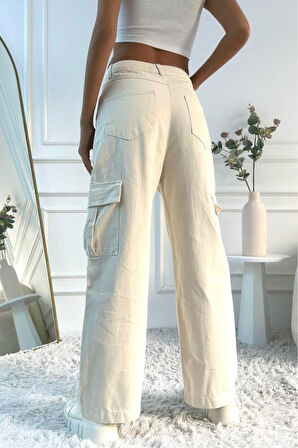 Kadın Yüksek Bel Wide Leg Bej Kargo Jean Pantolon