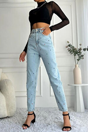 Kadın Yüksek Bel Taşlı Mom Fit Mavi Jean Pantolon