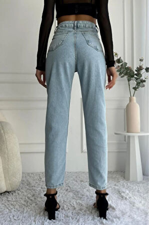 Kadın Yüksek Bel Taşlı Mom Fit Mavi Jean Pantolon