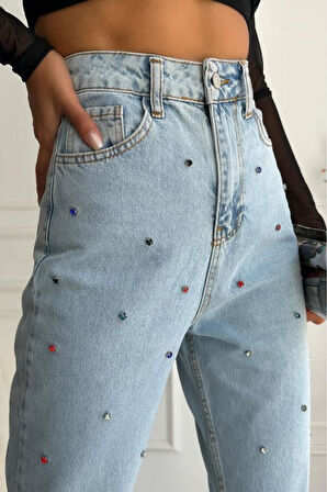 Kadın Yüksek Bel Taşlı Mom Fit Mavi Jean Pantolon
