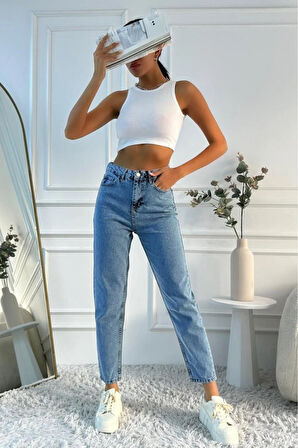 Kadın Yüksek Bel Mom Fit Mavi Jean Pantolon