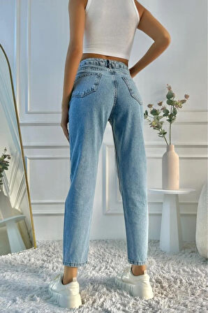 Kadın Yüksek Bel Mom Fit Mavi Jean Pantolon