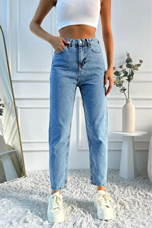 Kadın Yüksek Bel Mom Fit Mavi Jean Pantolon