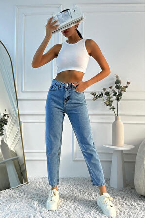 Kadın Yüksek Bel Mom Fit Mavi Jean Pantolon