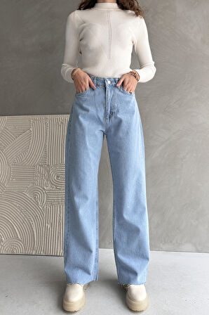 Yüksek Bel Geniş Paça Dikişsiz Paça Wide Leg Jean - 1419
