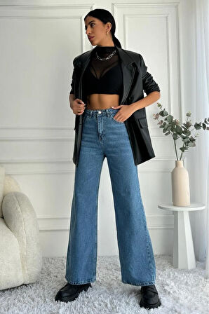Kadın Yüksek Bel Wide Leg Mavi Jean Pantolon