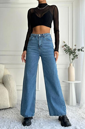 Kadın Yüksek Bel Wide Leg Mavi Jean Pantolon